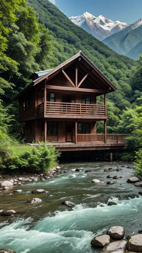 A house which is in the middle of the forest and there is a river near that house and mountains behind us ghar ke 4k image 