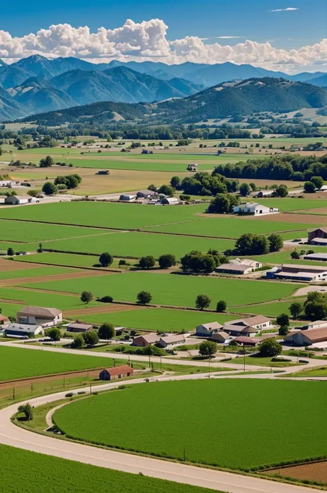 A panoramic view of a small agricultural town, with Juan&#39;s farm standing out in the landscape.