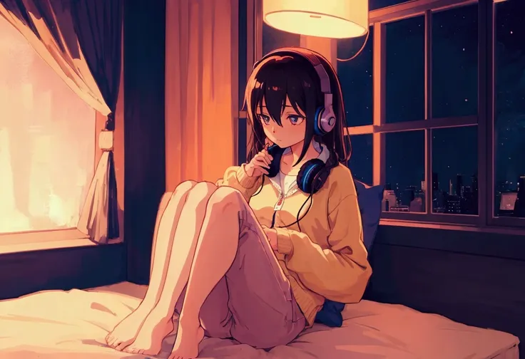 girl listening to music in a cozy room at night, using headphones, 2d style anime, lo-fi, hd, dark environment