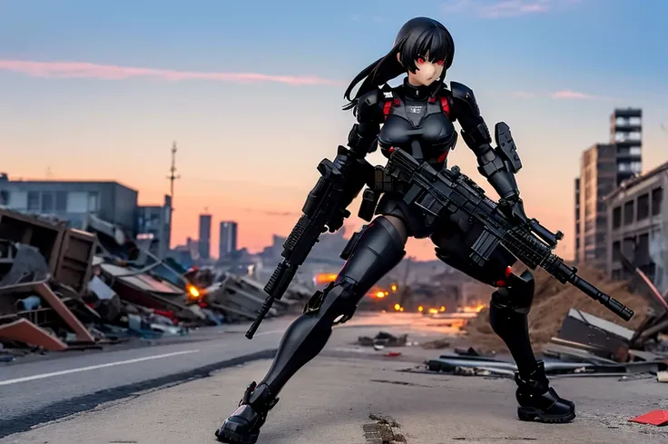 poseable articulated anime girl figure wearing a full-body heavy tactical black suit adorned with various accessories and milita...