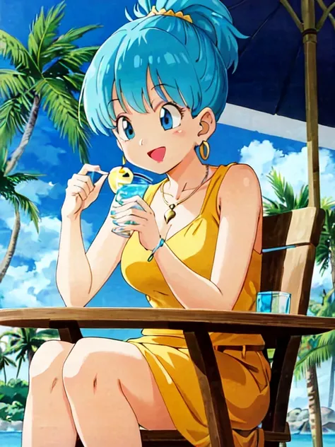 ((extremely detailed CG unity 4k wallpaper)),(masterpiece),(ultra quality),(ultra-detailed),(best illustration),(best shadow),(Extremely Detailed),(absurdres),(detailed background), Bulma, 1girl, solo, blue hair, blue eyes, jewelry, earrings, eyewear on he...