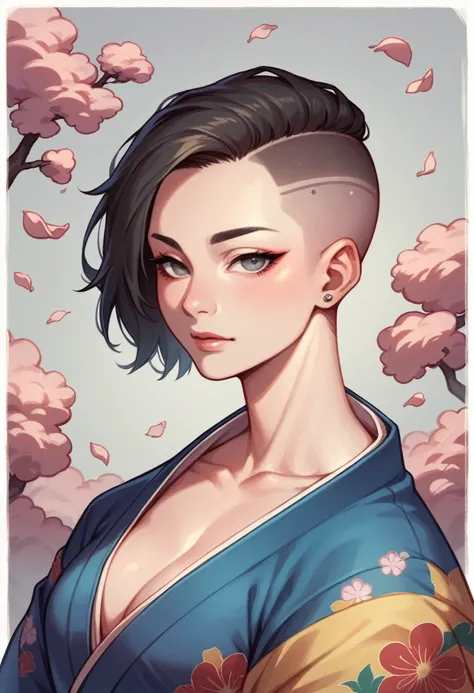 Asian woman, kimono with neckline, side shaved hair  long , gray eyes, pretty and sexy and cutie 