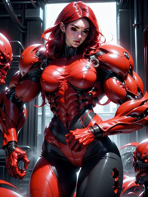 (1 girl), (megan fox), young girl, carnage muscular physique, seductive face, mouth wide open carnage style, long red hair, perfect muscular body, super skinny legs, cybernetic muscle suit, sissy, femboy, (carnage style physique),Fixhand, E-Girls_Mansion_Y...