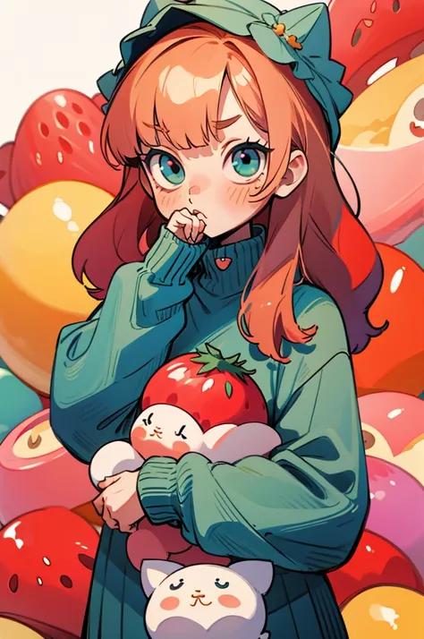 cute, kawaii, turquise eyes, big eyes, shy, gamer, oversized sweater, long sleeves, pout, long strawberry blonde hair, bangs