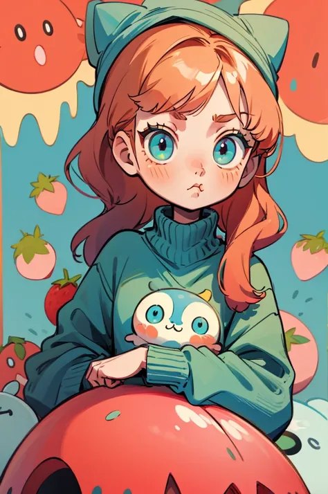 cute, kawaii, turquise eyes, big eyes, shy, gamer, oversized sweater, long sleeves, pout, long strawberry blonde hair, bangs