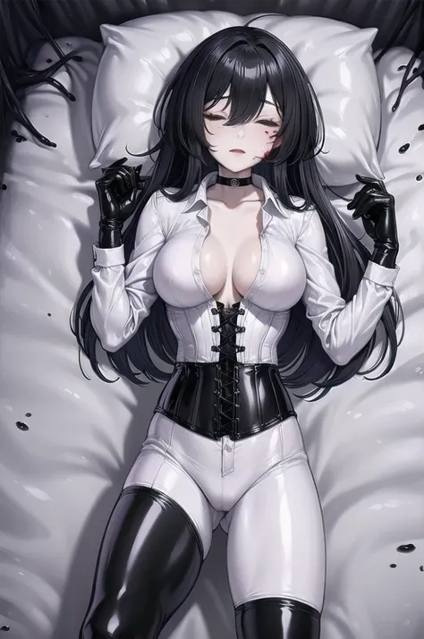 ((blood droplets)), ((blood)), ((blood splatter)), ((blood on clothes)), ((blood stain)), Masterpiece, Beautiful art, professional artist, 8k, sleeping expression, very detailed face, Detailed clothing, detailed fabric, 1 girl, View from above, lying on th...