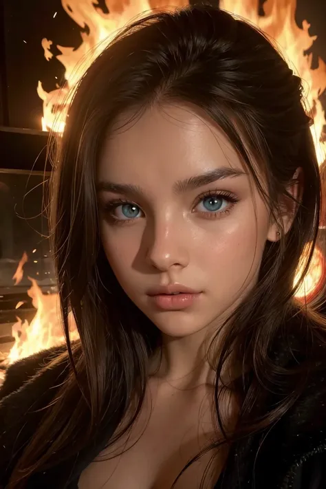 up close portrait of a woman, beautiful face and eyes, fire in the background, fire lighting up face and in reflection, sultry a...