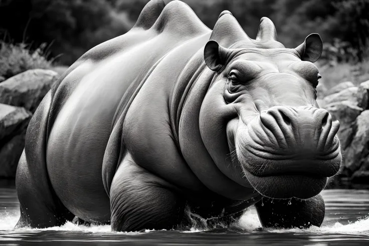 masterpiece, highest qualitiy,8k,monochrome,hippopotamus,