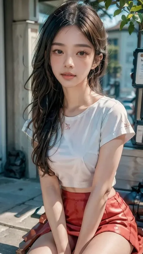 captivating photorealistic portrait,personified as a young woman with Asian features,Smooth, flawless skin with a touch of light makeup,a cute young girl sitting in front of an ice cream shop, wearing a red t-shirt and a purple skirt above the knees, beaut...