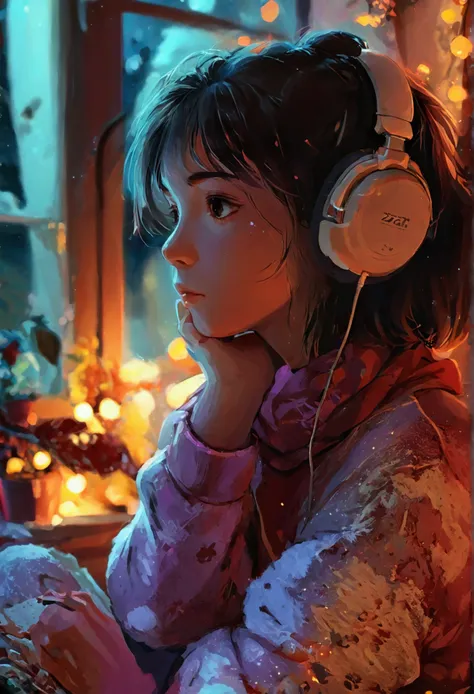 girl listening to music in a cozy room at night, using headphones, 2d style anime, lo-fi, hd, dark environment