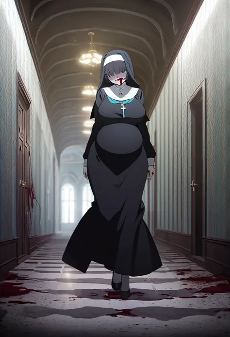 1girl, nun, cross, cross necklacke, jewelry, (black hair), (turquoise bangs), very short hair, hair over eyes, pale skin, yellow eyes, glowing eyes, black dress, house, corridor, evil smile, blood on mouth, very huge belly, horror scene, (masterpiece), bes...