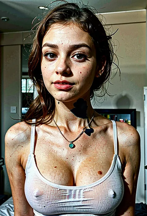 arafed woman with a white tank top and a necklace, sexy girl with brown eyes, portrait sophie mudd, brunette hair and large eyes, selfie of a young woman, bedroom eyes, violet myers, without makeup, natural makeup, looking directly at the camera, face with...