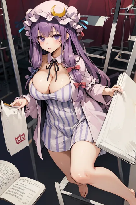 ((masterpiece,best quality)), absurdres, patchouli knowledge,solo,cowboy shot,huge breasts,thigh,cleavage,bare legs