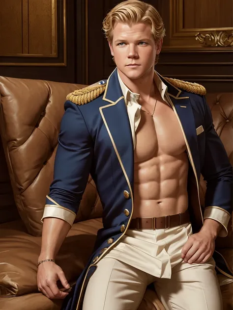 illustration in Leyendecker style : Christopher Egan as the handsome and muscular Captain David Shepherd (TV series "Kings"). in an unbuttoned dress uniform, he masturbates. A stream of cum flows out of a big long dick