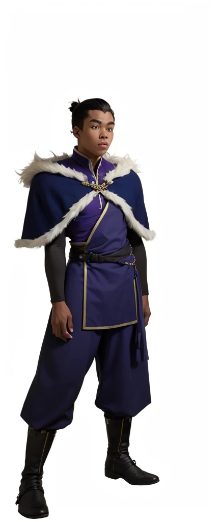 African-American, Bolin, water tribe traditional clothing mixed of blue and purple, with fur in shoulders and neck. Long sleeve, skinny, water tribe outfit. The character is wearing a blue, short-sleeved tunic with gold trim and fastenings down the front a...