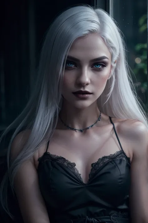 a vampire girl with beautiful white hair, wearing pajama, sitting on a window at night, blood veins visible, (best quality,4k,8k,highres,masterpiece:1.2),ultra-detailed,(realistic,photorealistic,photo-realistic:1.37),HDR,UHD,studio lighting,ultra-fine pain...