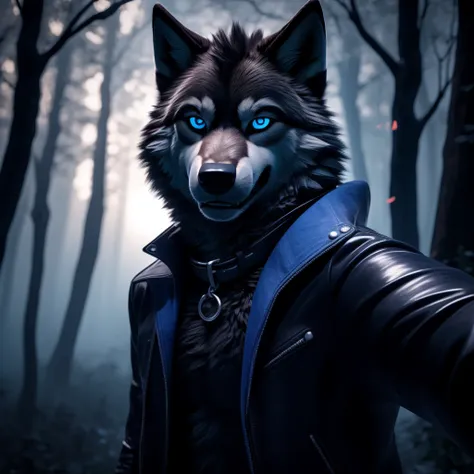 selfie, male, 30 years old, cute, eyeliner, evil grin, black leather jacket, anthro, wolf ears, wink, (black fur:1.5), wolf, for...