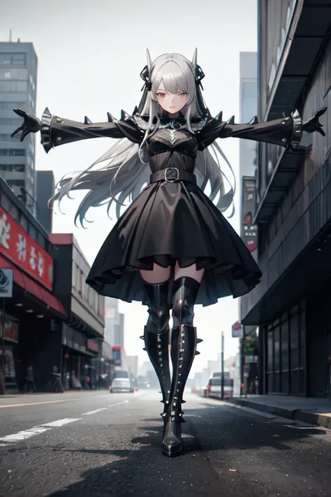 ((best quality)), ((masterpiece)), (detailed), 1 girl, Full body, 18 years old, Depressed face, Silver eyes, Arms outstretched, Arms behind waist, Metal mask covering her eyes, Eyes covered, Silver hair, Long hair, Spiky hair, Bangs, Strand of hair coverin...