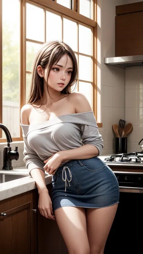 8k quality、high resolution、realistic skin texture、high resolutionの瞳、man standing in kitchen、woman pressing her butt against man、...