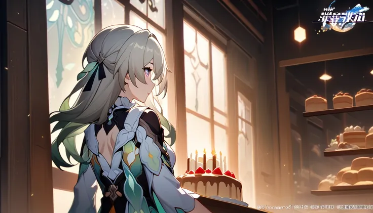 scene of girl standing in front of bakery window, 1girl, firefly, honkai star rail, staring at cake through window, detailed, high quality, fair, hd, detailed, good lighting, back turned, back off head,