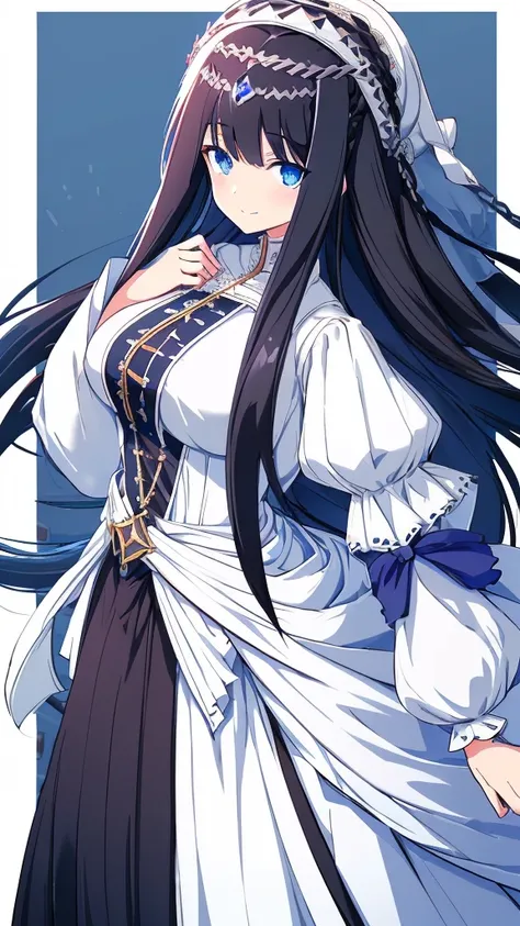 best quality, extremely detailed, anime style girl, long hair down to the waist, straight hair, ((dark black hair with bluish)),crown braid,beautiful detailed eyes, pinched eyes, dark blue eyes, gradation eyes,huge breasts,((((white English noblewomans clo...