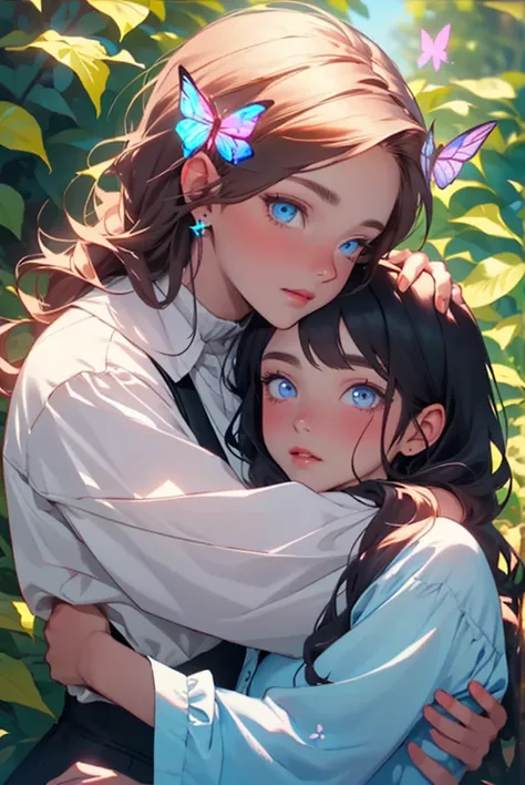 1 girl, 1 boy, princess hug, flower bush, masterpiece, best quality, delicate facial features, glowing butterflies, beautiful eyes, beautiful face