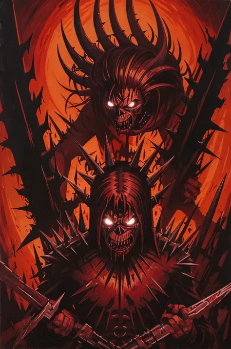 iron maiden (instrument of torture) with spikes, iron maiden in blood, demonic appearance of the iron maiden, dark red creepy background, infernal lighting, vector, few colours, distorted art, ghostly, the style of the 60s, oil painting