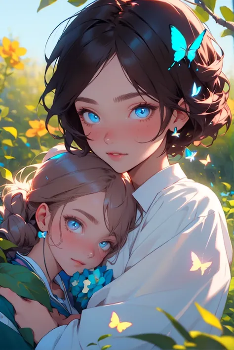 1 girl, 1 boy, princess hug, flower bush, masterpiece, best quality, delicate facial features, glowing butterflies, beautiful eyes, beautiful face