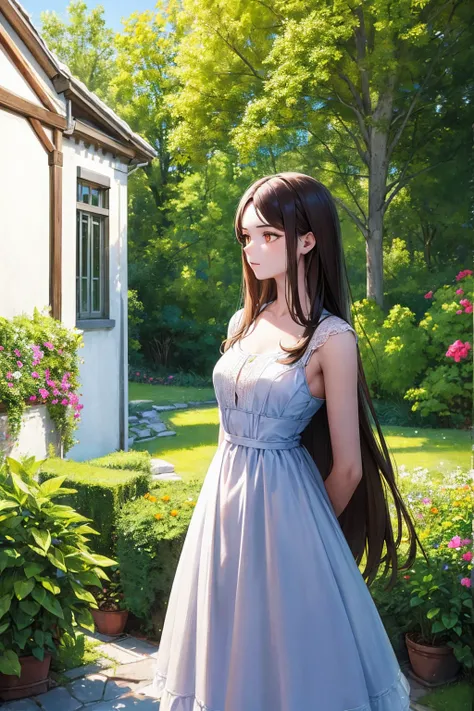 Masterpiece,stunning realistic, best quality, sharpness, 1 girl,18 years old,long hair,brown hair,(straight hair:1),orange eyes,(arms behind back:1),standing in a garden,light blue summerdress,weiter ausschnitt,knappes kleid