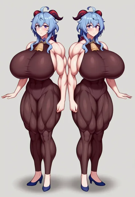 (masterpiece, best quality), best resolution, (2heads:1.5), 1girl, Ganyu, gigantic muscular body, big breasts, 4 arms, full body.