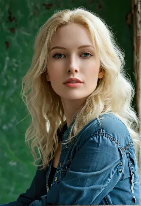 tall woman with blonde hair, white skin, wearing blue jeans and black blouse, in T-pose and plain green background