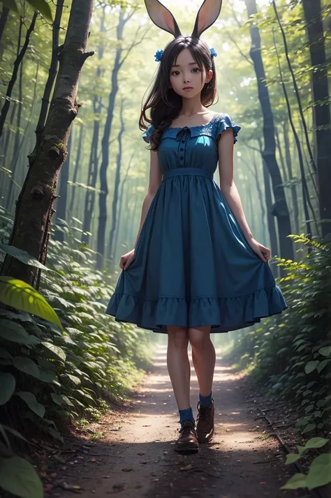 girl in a blue dress in the forest with rabbits 