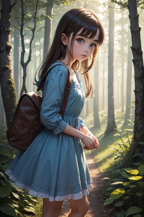 girl in a blue dress in the forest with rabbits 