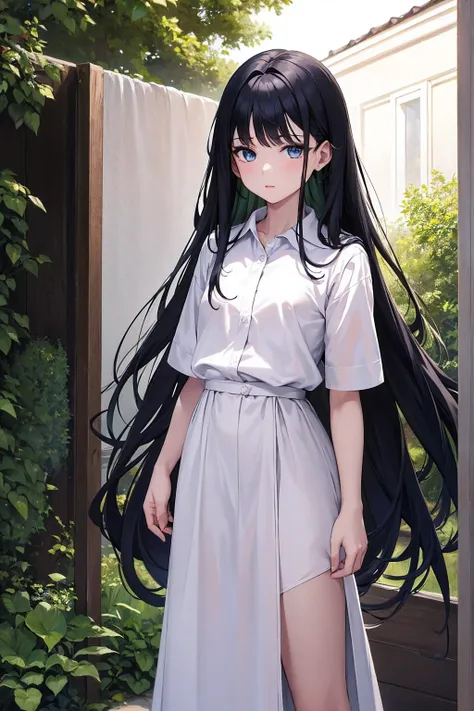 Masterpiece,stunning realistic, best quality, sharpness, 1 girl,9 years old,long hair,dark green hair,(messy hair:1),dark blue eyes,(arms behind back:1),standing in a garden,white very big shirt,white very long shirt,very long skirt