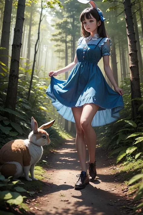 girl in a blue dress in the forest, with a rabbit 