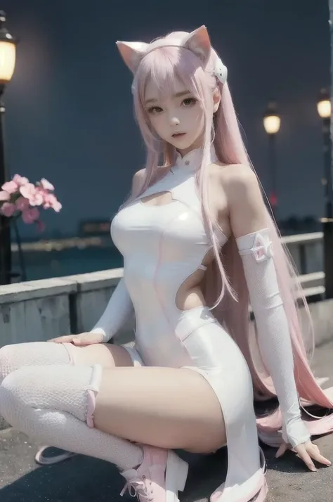 Masterpiece, best quality, Highly detailed face, highly detailed background, perfect light, Japanese, very long hair, pink hair, tight outfits, tight armor. White dress with pink pattern, cyber suit, lightning all around, white stockings, pink shoes, cat e...