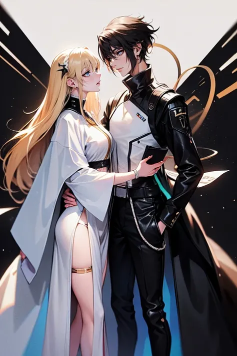 (tall man, (man is taller than me woman) messy black-haired man wearing a sexy  space outfit.),(a thin woman, long blonde hair, green eyes, wearing scifi space outfit) best quality, adorable, ultra-detailed, illustration, complex, detailed, extremely detai...