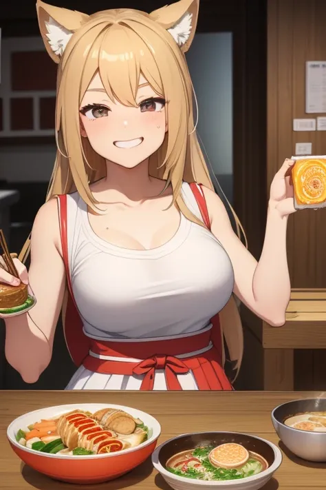 anime style, super fine illustration, highly detailed, dynamic angle, beautiful detailed, 8k, On a summer afternoon in a ramen shop, BREAK a high school girl, a food fighter, is eating a giant ramen deliciously with a smile on her face. BREAK The steaming ...