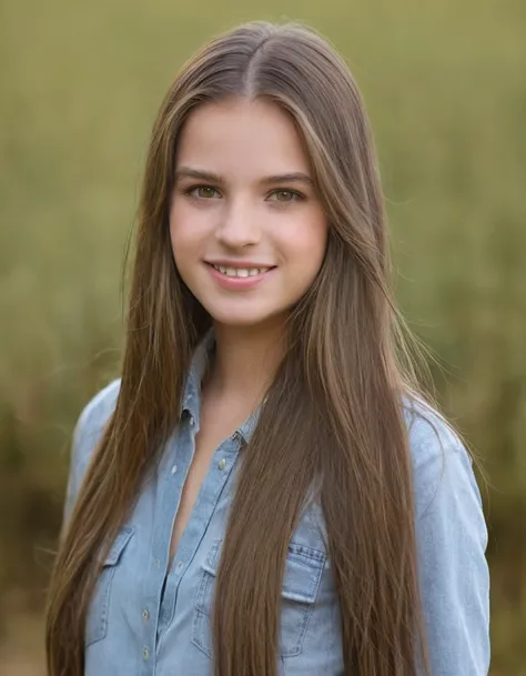 19 year old woman, pretty, very clear skin, full mouth, long straight brown hair, styled hair, face photo, neutral facial expres...