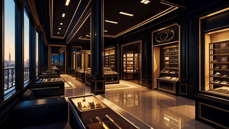 inside a jewelry store, with a balcony, black color, no humans, no persons