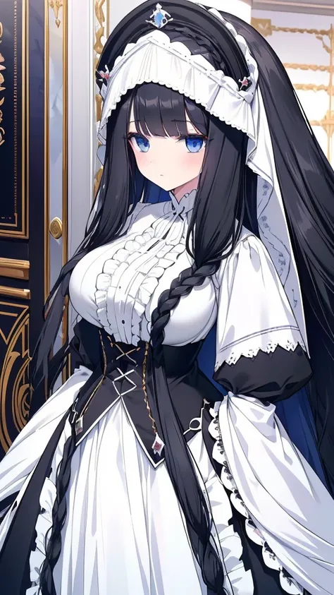 best quality, extremely detailed, anime style girl, long hair down to the waist, straight hair, ((dark black hair with bluish)),crown braid,beautiful detailed eyes, pinched eyes, dark blue eyes, gradation eyes,huge breasts,((((white English noblewomans clo...