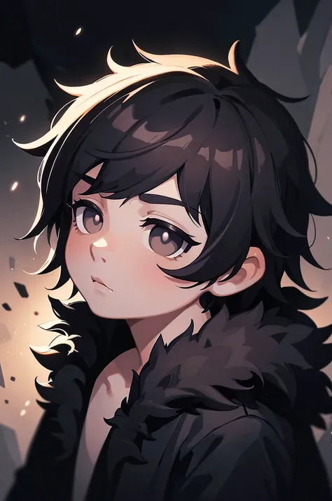 boy, black hair, black eyes, black coat with fur, stone background, 1boy, detailed face, extremely detailed eyes and face, long eyelashes, oil painting, muted colors, dramatic lighting, cinematic, high contrast, moody, atmospheric