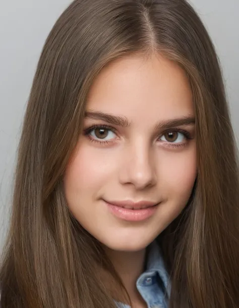 19 year old woman, pretty, very clear skin, full mouth, long straight brown hair, styled hair, face photo, neutral facial expres...