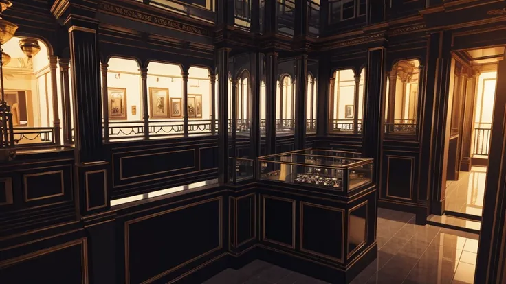 inside a jewelry store, with a balcony, black color, no humans, no persons