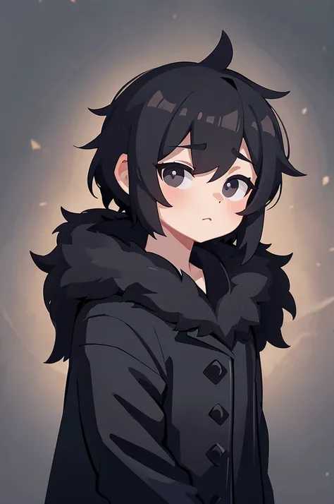 boy, black hair, deep black eyes, black coat with fur, stone background, calm face