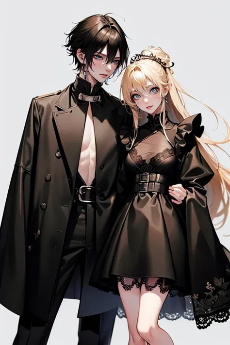 1 taller man, (man is taller than me woman) messy black-haired man wearing a emo outfit.),1 woman, (a thin woman, long blonde hair, green eyes, wearing emo outfit) best quality, adorable, ultra-detailed, illustration, complex, detailed, extremely detailed,...