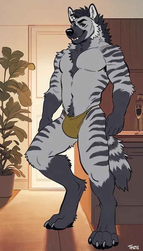 solo, male, anthro (striped hyena), by tritscrits, (by botch:0.7), digitigrade, digital artwork, (flat colors:1.3), striped hyena tail, mature male, sexy, ((detailed background)), athletic, gray fur, looking at camera,