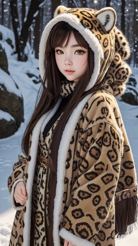 CG art, plump girl with pale skin, Brown hair, dressed in snow leopard clothes, snow leopard mask on the face, stylish witch mask