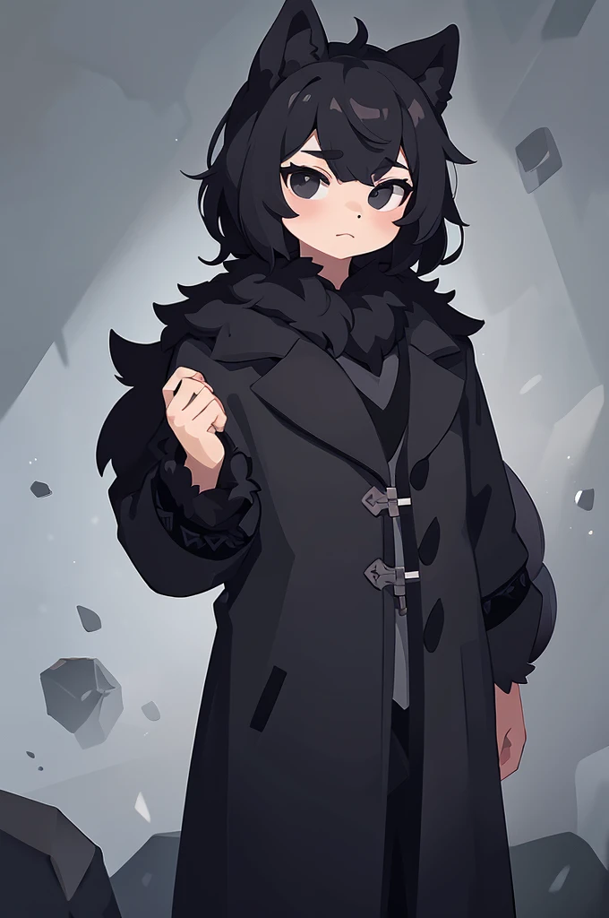 boy, black hair, super black eyes, black coat with fur, stone background, ((Masterpiece)), ((detailed))