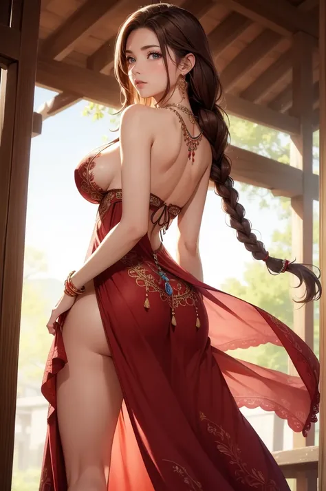 (masterpiece, best quality, cinematic, photorealistic, ultra-detailed), (1girl), perfect body, sexy body, tall and sexy, perfect hands, long round legs, (sexy body, wide hips), (wide shot, from behind:1.2), (wearing a Bohemian maxi dress with intricate emb...